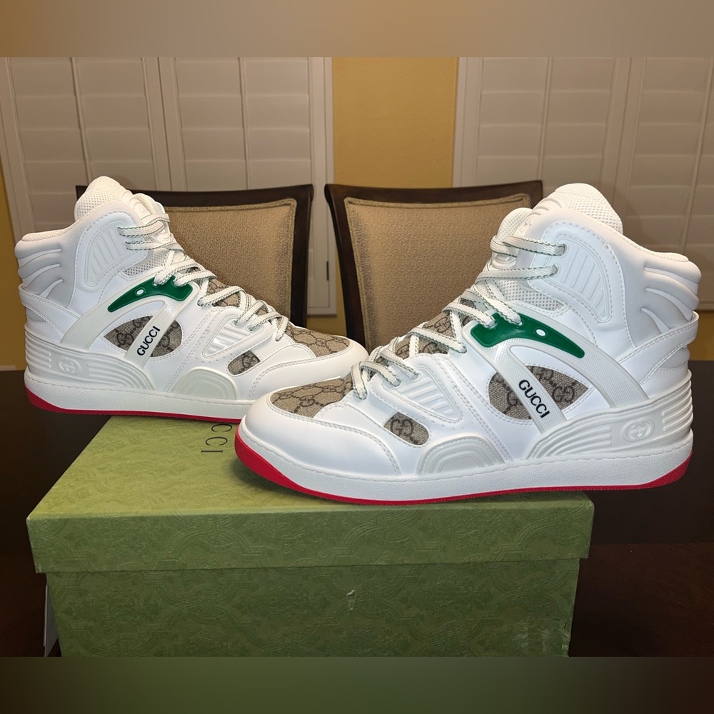 New Gucci High Top GG Supreme Logo White Tan Sneaker Shoes Size UK 10 / US 10.5 - Picture 13 of 15